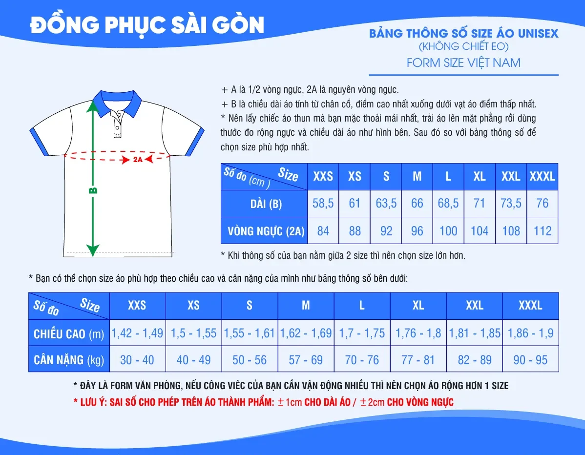 Bảng size áo unisex