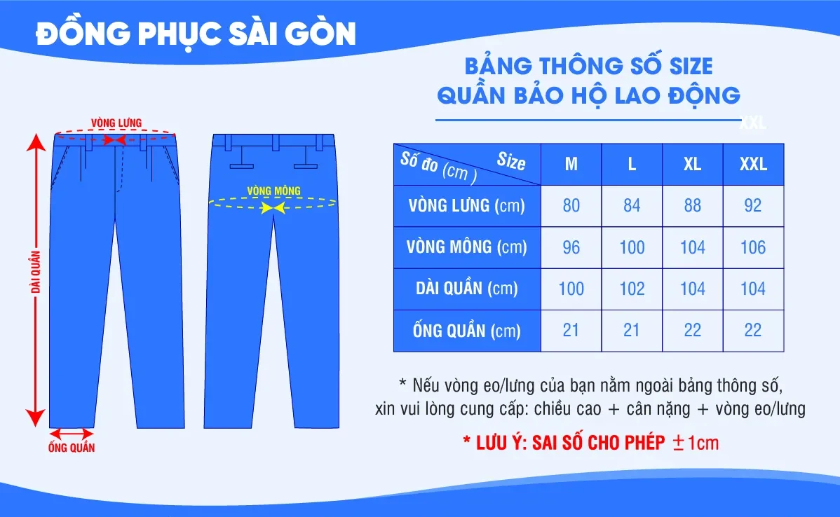 bảng size quần bảo hộ