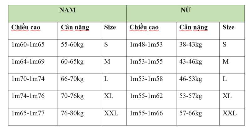 bảng size đồng phục cộng cà phê