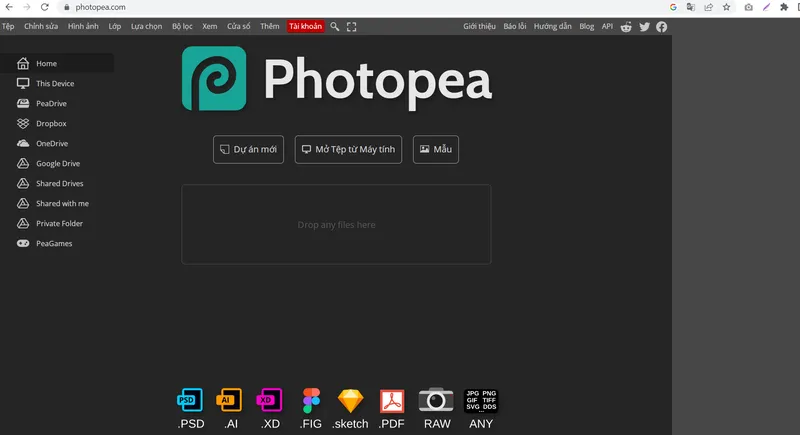 Photopsea chức năng tương tự với Photoshop