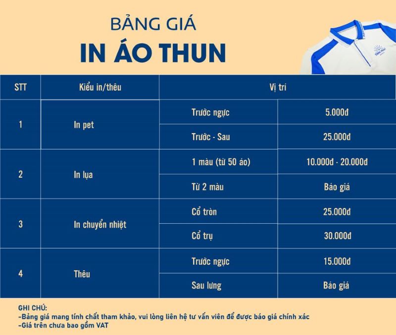 bảng giá in áo thun