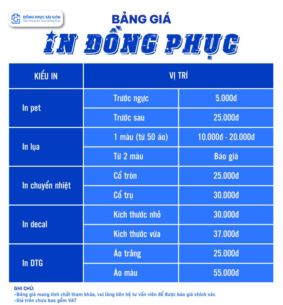 Bảng giá in đồng phục