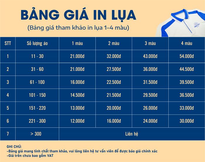 Bảng giá in lụa 1-4 màu