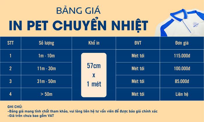 Bảng giá in pet chuyển nhiệt giá rẻ