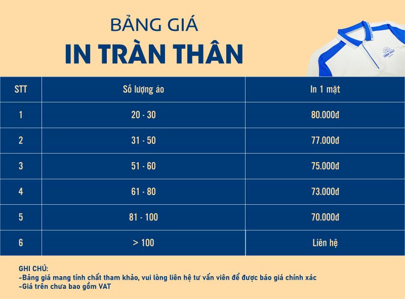 Bảng giá in tràn thân công nghệ Hàn Quốc