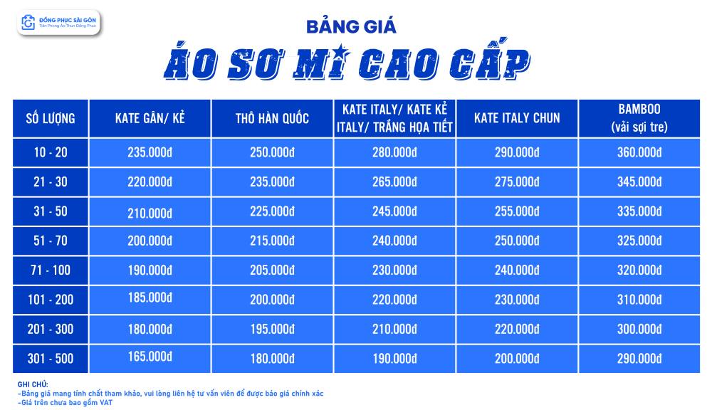 Bảng giá may áo sơ mi đồng phục cao cấp