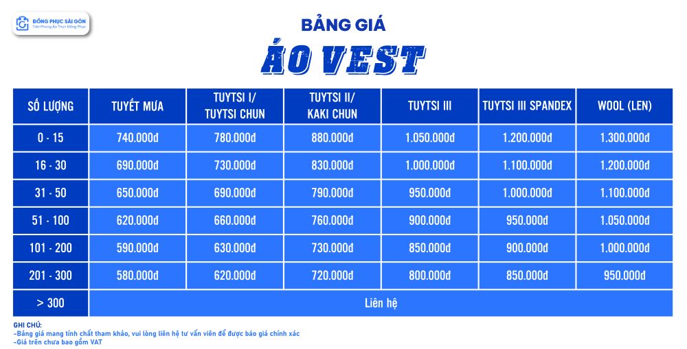 Bảng giá may áo vest đồng phục công sở