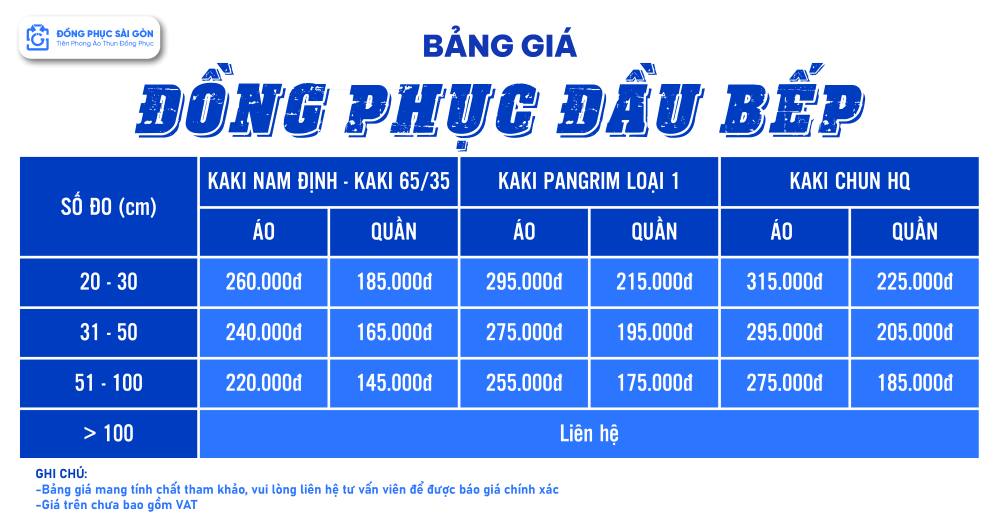 Bảng gia may đồng phục đầu bếp nhà hàng