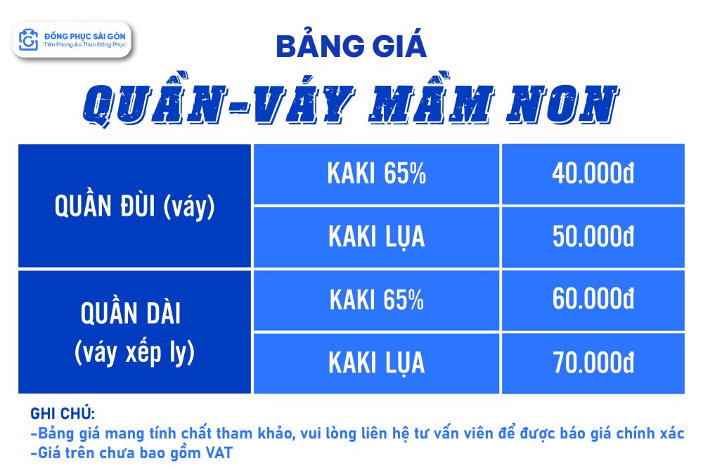 Bảng giá váy quần đồng phục mầm non