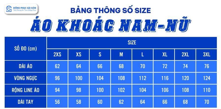 Bảng size áo khoác đồng phục nam nữ