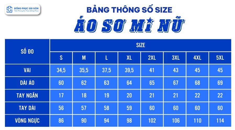 Bảng sizze áo sơ mi nữ đồng phục công sở