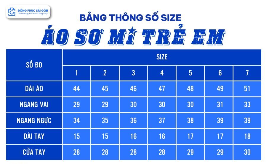 Bảng size áo sơ mi trẻ em mầm non