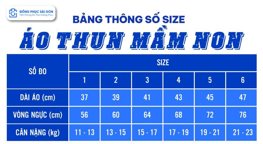 Bảng size áo thun mầm non đồng phục