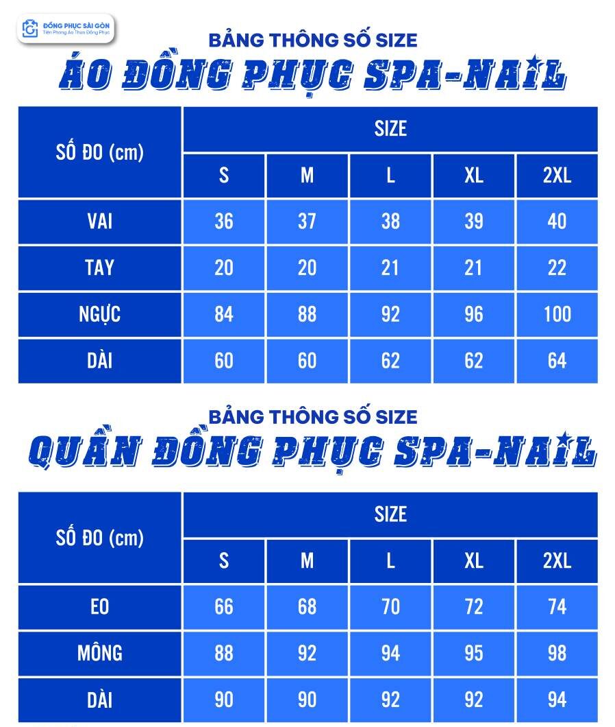 Bảng size đồng phục spa nail