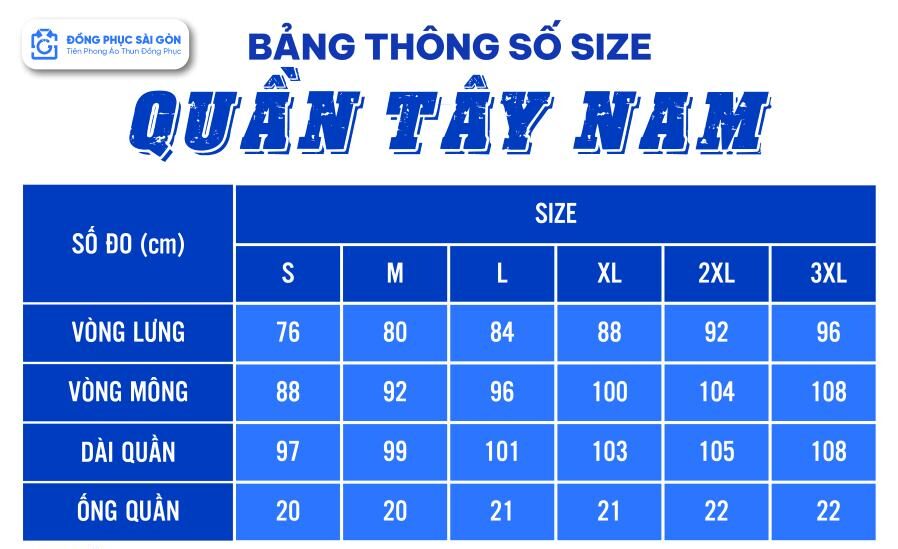 Bảng size đồng phục quần tây nam