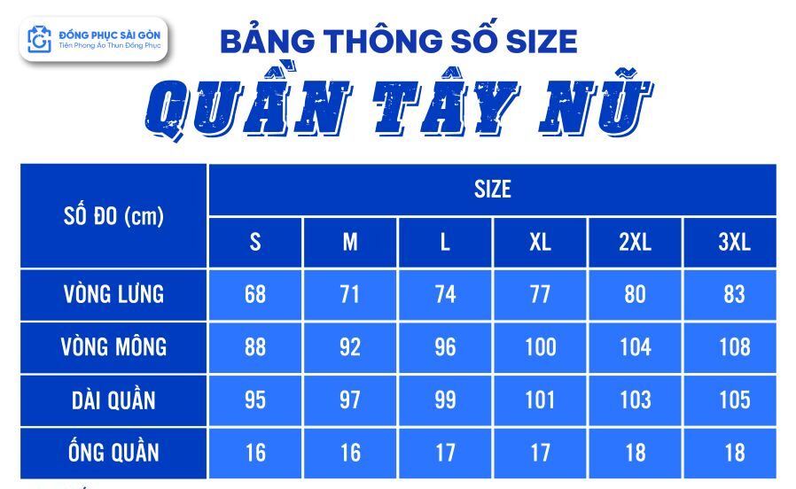 Bảng size đồng phục quần tây nữ