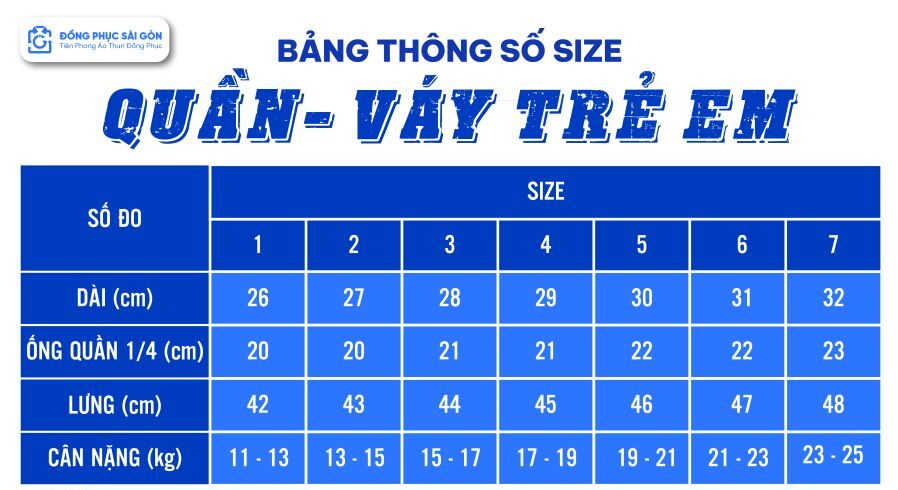 Bảng size quần váy trẻ em mầm non