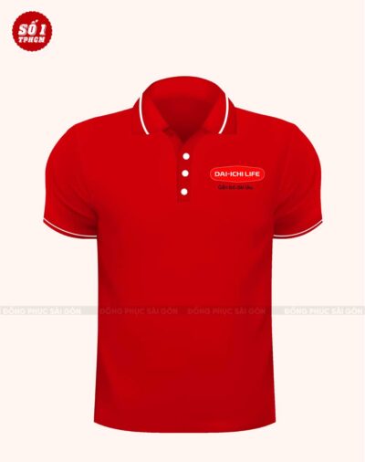 Mẫu áo đồng phục công ty màu đỏ line cổ