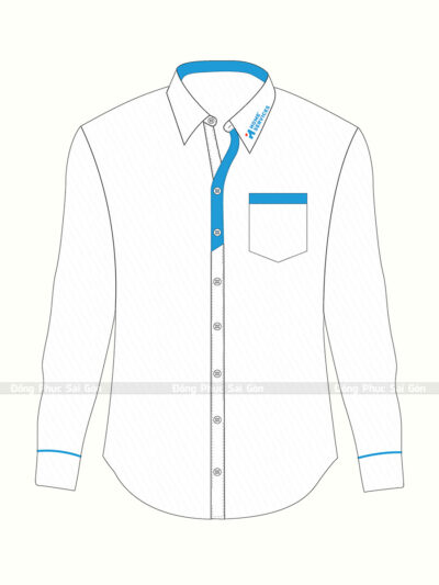 Mẫu áo đồng phục sơ mi công sở màu trắng phối xanh dài tay