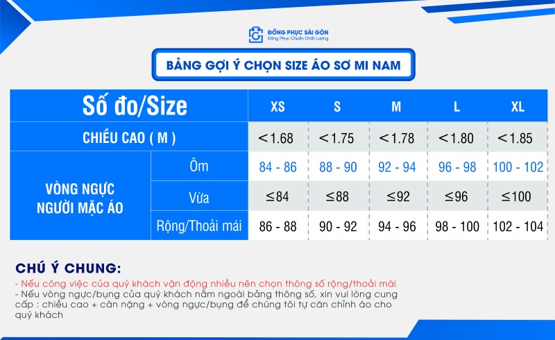 Bảng size áo sơ mi nam đồng phục công sở