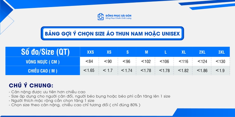 bảng size áo thun nam hoặc unisex đồng phục công sở quốc tế