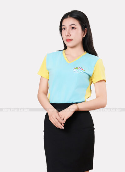 Áo đồng phục công ty cổ tim màu xanh dương
