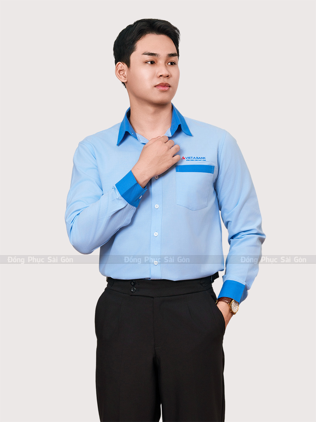 áo sơ mi đồng phục nam tay dài màu xanh da trời 2