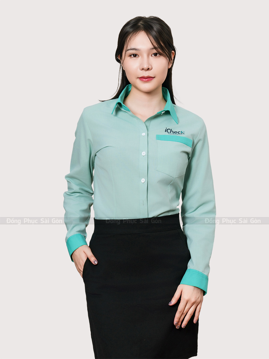 áo sơ mi đồng phục nữ tay dài màu xanh