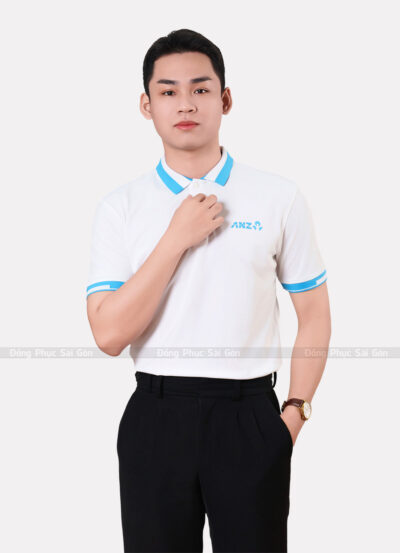 Áo thun cổ bẻ đồng phục màu trắng phối bo xanh dương