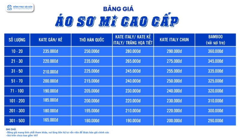 bảng giá may áo sơ mi cao cấp