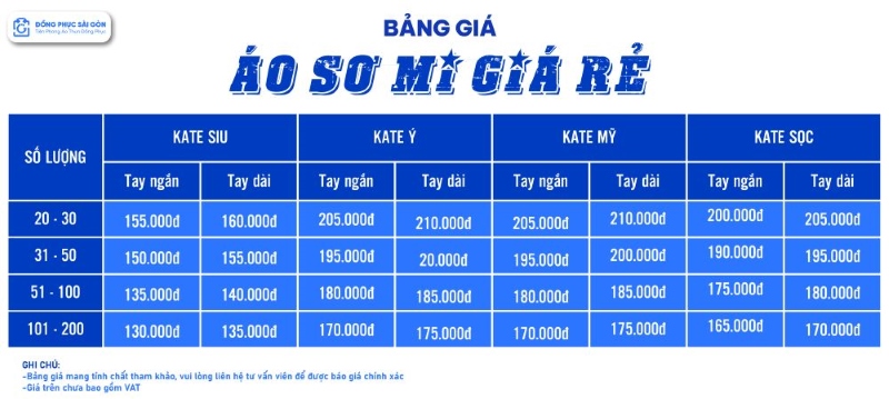 Bàng giá may áo sơ mi đồng giá rẻ