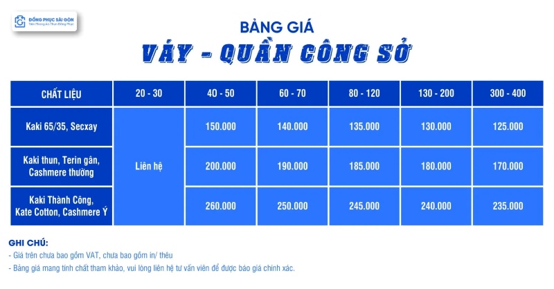 Bảng giá may váy quần đồng phục công sở