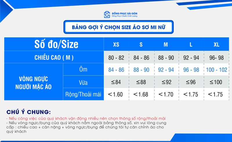 Bảng size áo sơ mi nữ đồng phục công sở