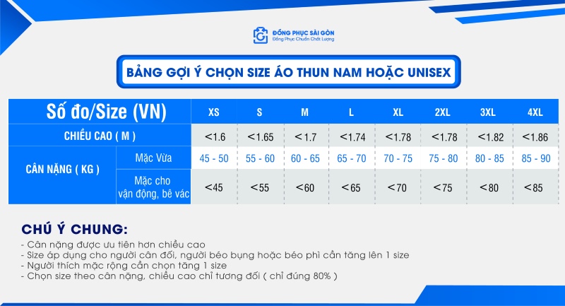 Bảng size áo thun nam hoặc unisex đồng phục công sở việt nam