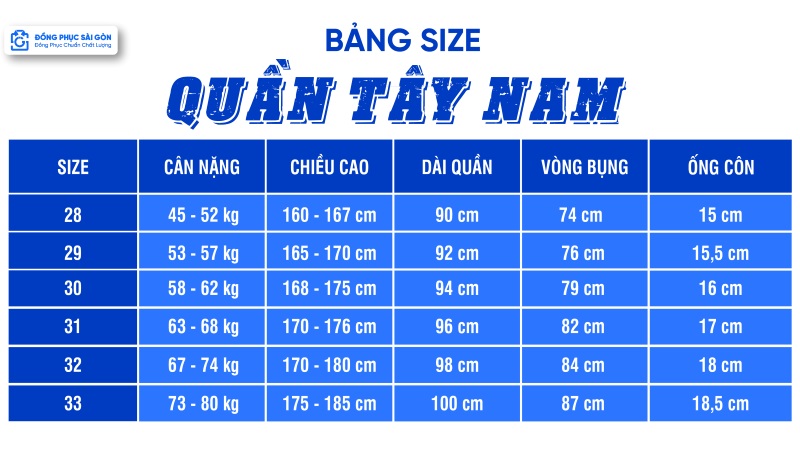 bảng size quần tây nam đồng phục công sở