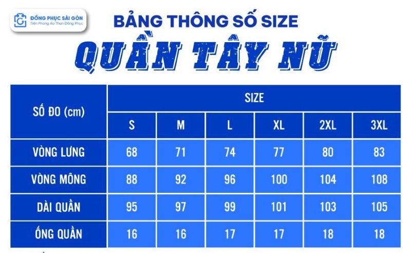 Bảng size quần tây nữ công sở