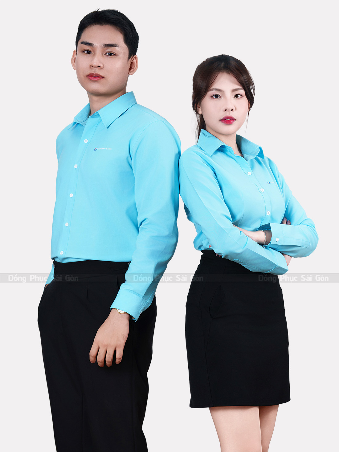 đồng phục sơ mi nam nữ màu xanh dương 3