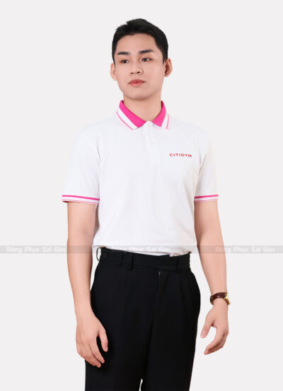 In áo đồng phục polo màu trắng phối hồng ATD00019
