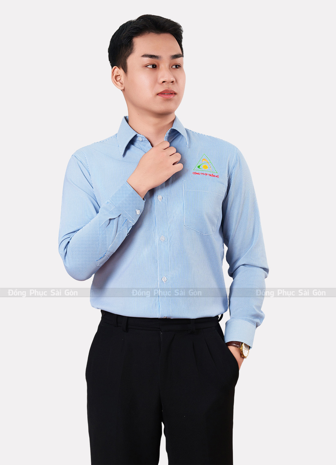 Áo sơ mi đồng phục công ty màu xanh tay dài 2