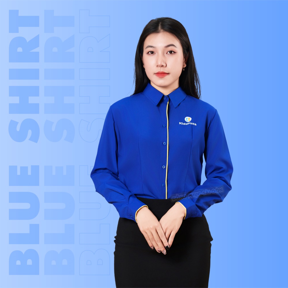 mẫu áo sơ mi đồng phục màu xanh da trời trẻ trung, sáng tạo