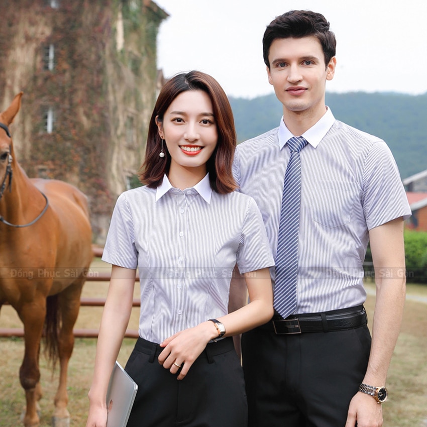 Đồng phục công sở áo sọc trắng xanh