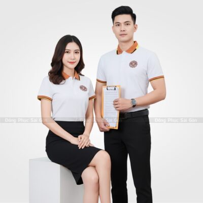 Áo đồng phục công ty màu trắng phối bo cao cấp
