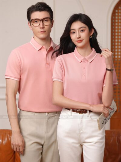 đồng phục công ty polo màu hồng có cổ cao cấp
