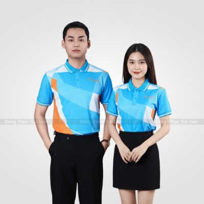 Áo có cổ đồng phục công ty màu xanh in chuyển nhiệt 1