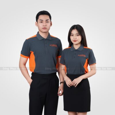 Áo đồng phục công ty màu xám phối cam 2