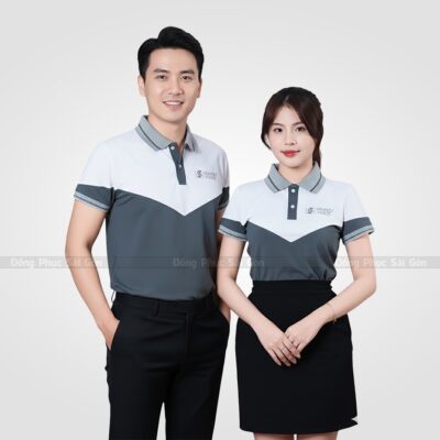 Áo thun đồng phục doanh nghiệp màu trắng phối xám 2