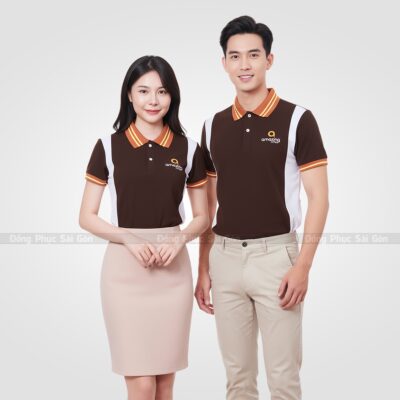 Áo thun polo đồng phục công ty màu nâu phối trắng 2
