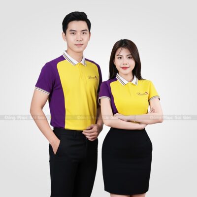 Đồng phục áo thun công ty màu vàng phối tím 1
