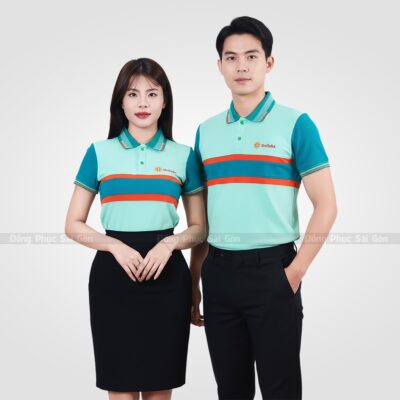 Đồng phục áo thun màu xanh phối nhiều màu 3