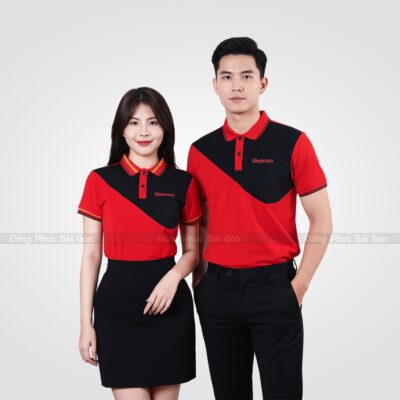 Đồng phục công ty màu đỏ phối đen bo dệt sọc 2